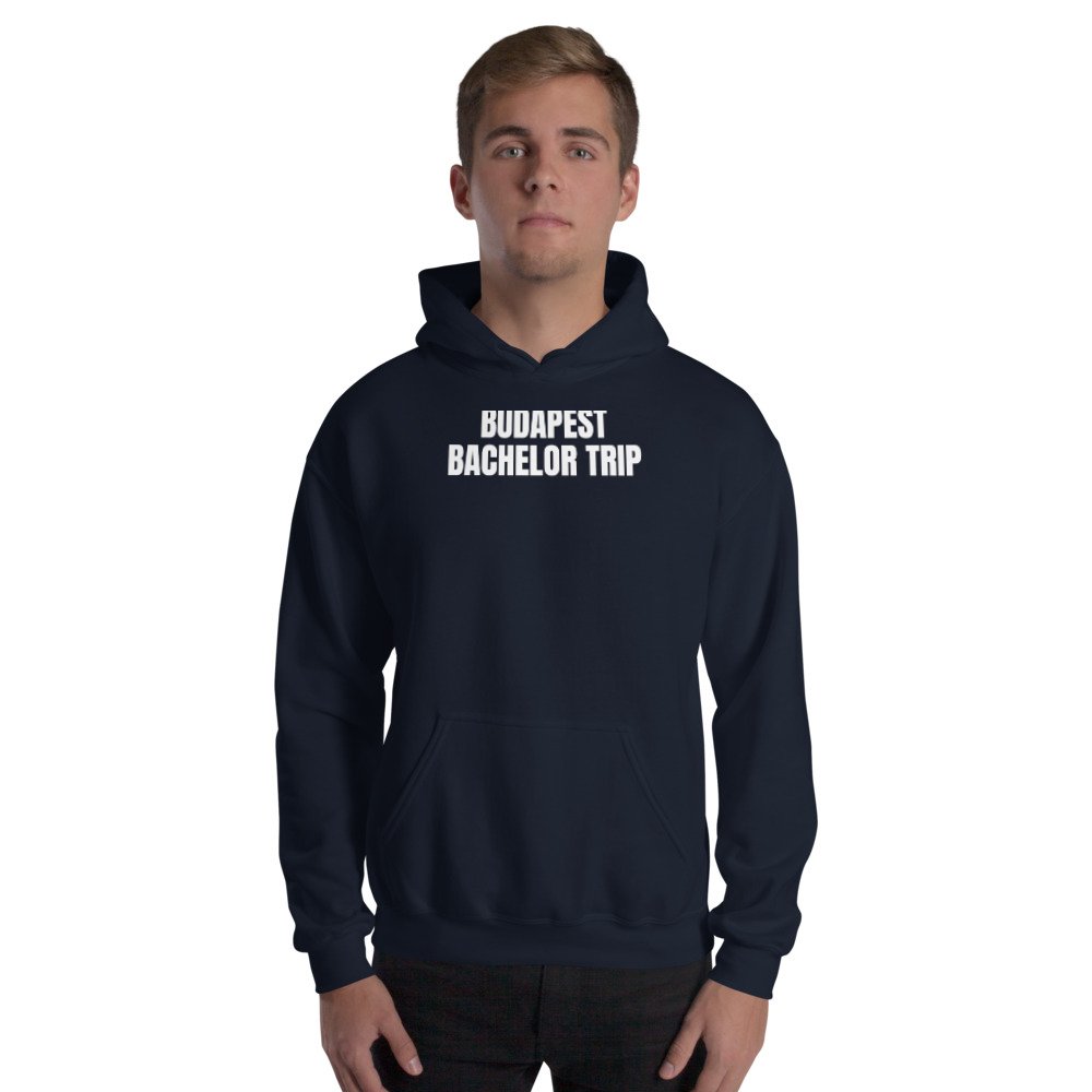 Navy hoodie reading 'Budapest bachelor trip'