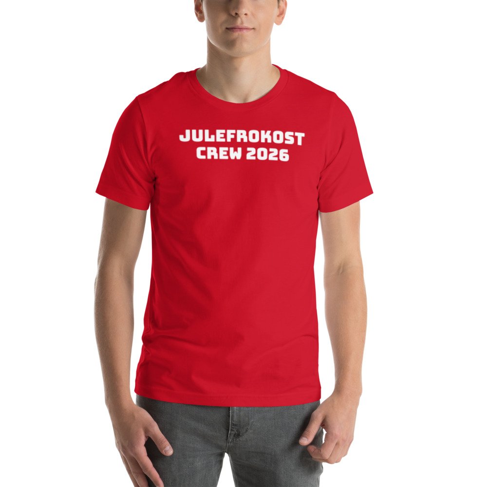 Red T-shirt reading 'Julefrokost crew 2026'